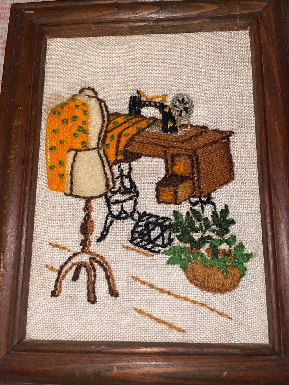Vintage Framed Embroidered Sewing Room Art in Brown and Orange